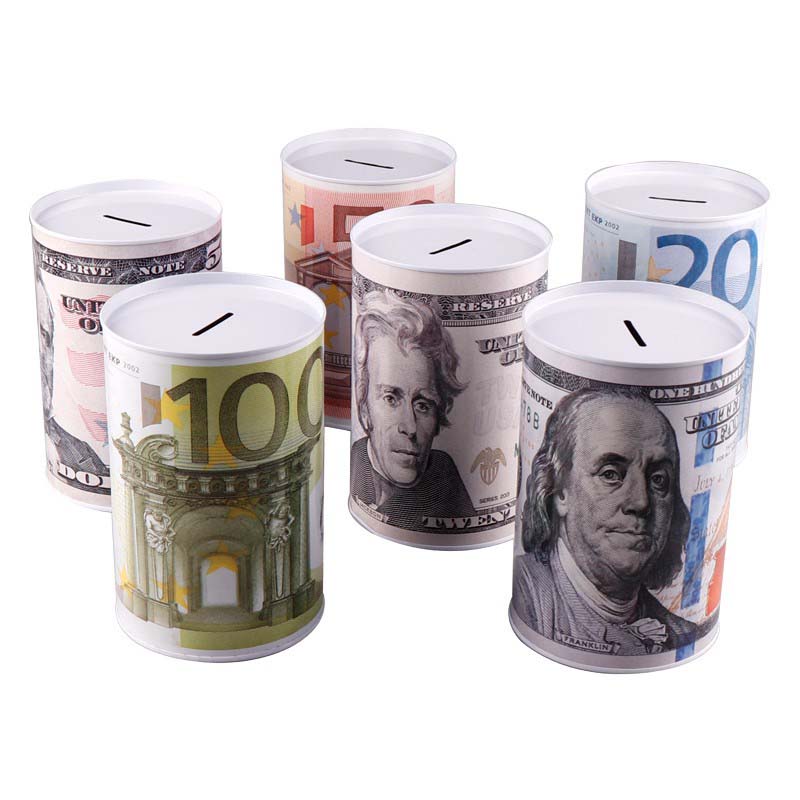 Customized cylinder bill dollar tin can piggy bank coin money collection saving tin box wholesale