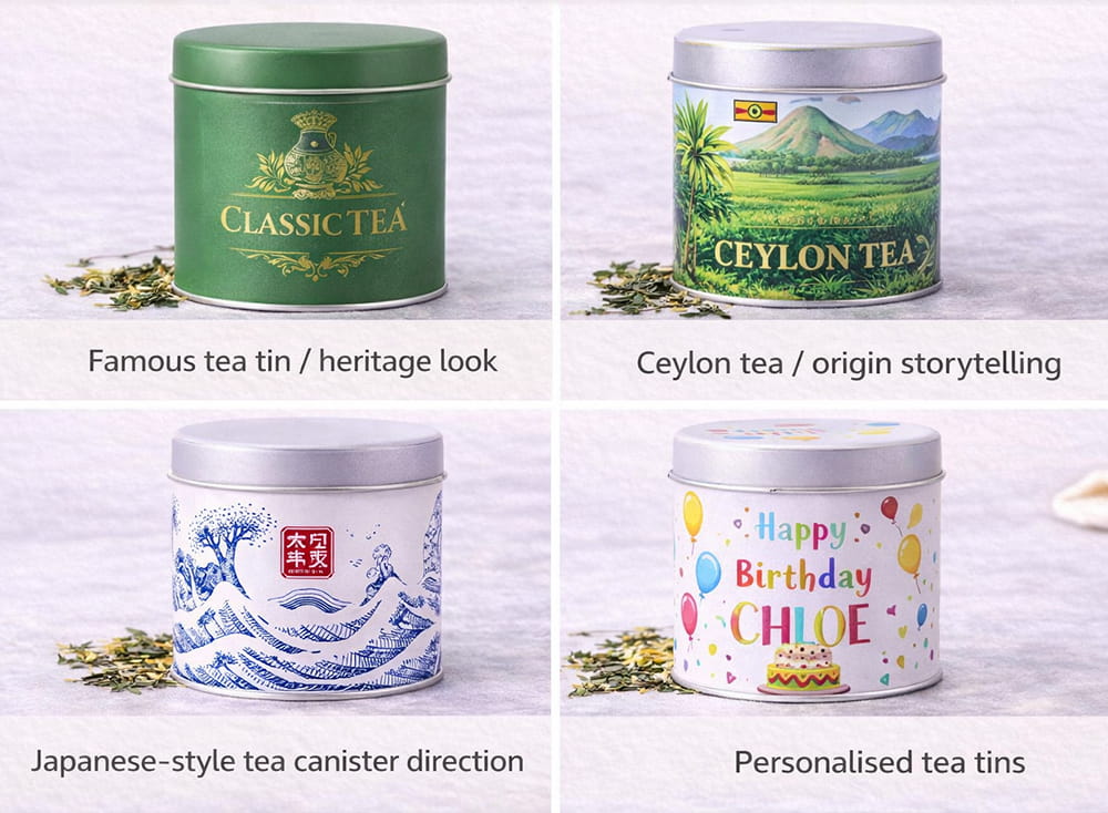 different style tea tins
