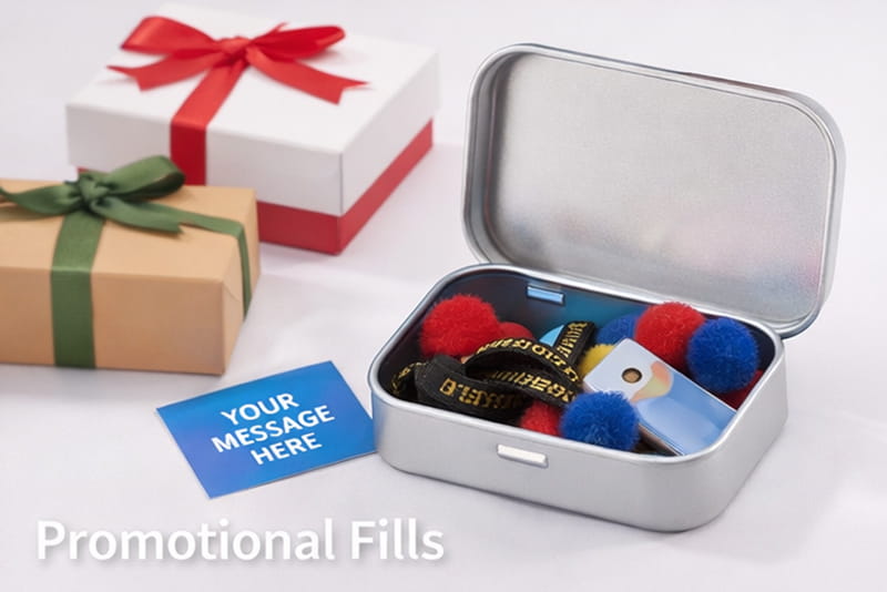Promotional fills hinged tin box