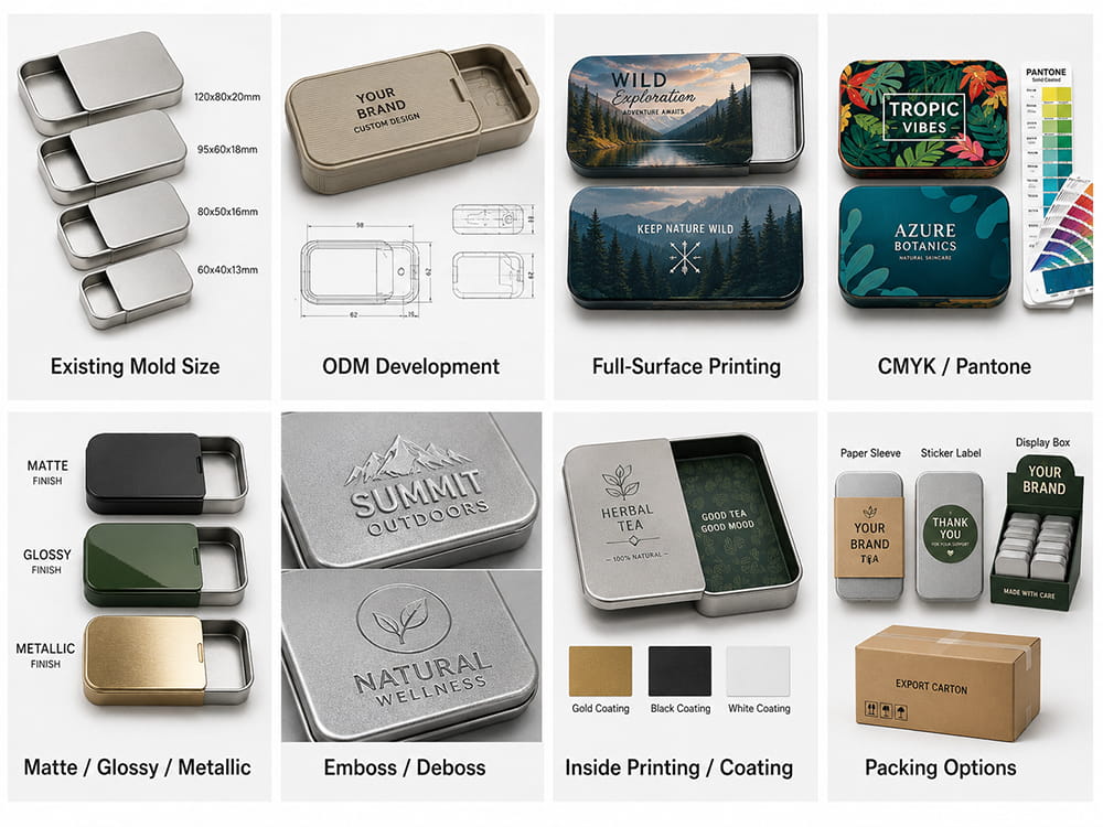 Custom Options for Slide Tin Boxes Custom Options for Slide Tin Boxes